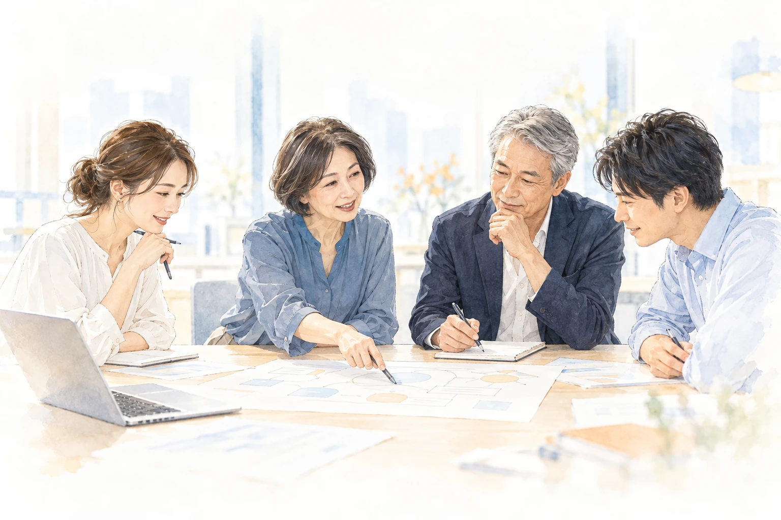 経験豊かな社員と若手社員が、同じ資料を囲んでこれからの仕事を考えるイラスト