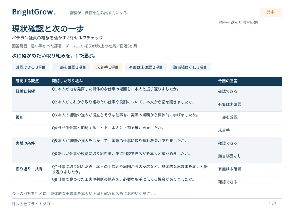 見本1ページ目：4つの観点と8問の回答を一覧にした現状確認シート